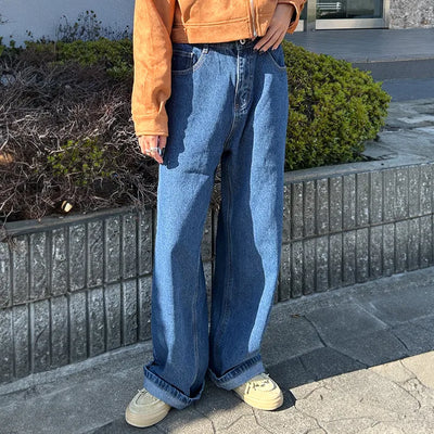 Wide-leg denim pants with elastic waistband