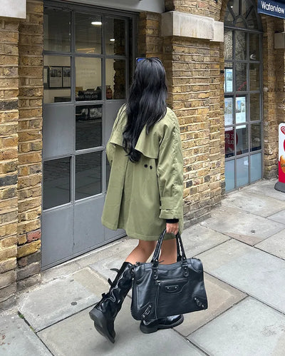 Stand Collar Zip Fly Flare Half Trench Coat