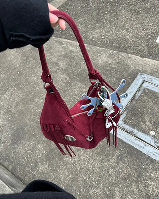 Frilled fringe suede hobo bag