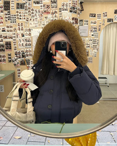 Loop button attached fur hood short down jacket