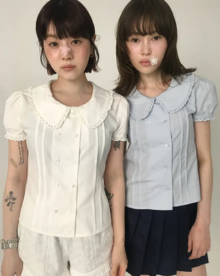[6th Re-release] (ORIGINAL) Heart Button Lace Puff Blouse