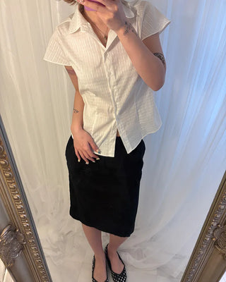 Flower stripe flared cap sleeve blouse