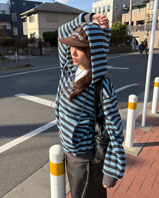 (Unisex) Striped Double Zip Waffle Knit Hoodie