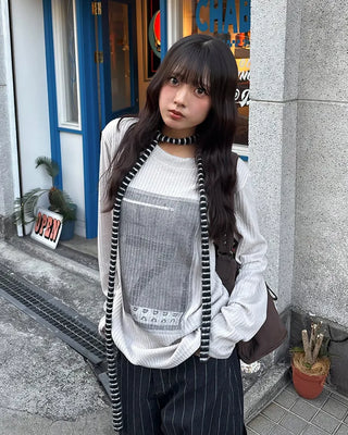 2-Way Neck 7 Illustration Ribbed Long T-Shirt