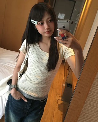 Pindot Square Neck Ribbed Half T-Shirt