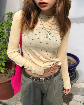 Boat neck polka dot ribbed long T-shirt