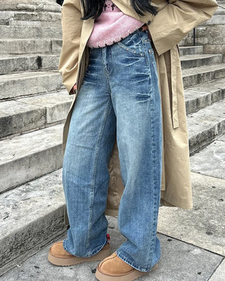 Mixed stud deep whisker wash denim pants