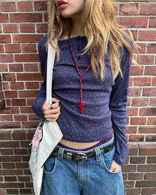 Flower Henley Neck Pointelle Long T-Shirt