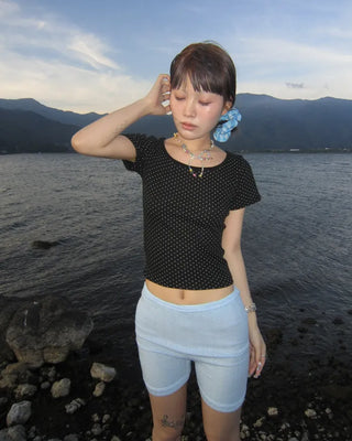 Pindot Long Neck Rib Half T-Shirt