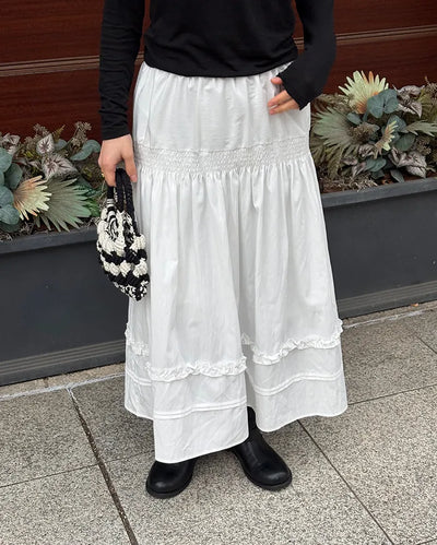 Shirred frill yoke flared long skirt