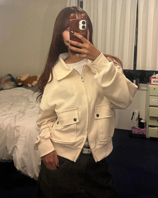 Flap pocket collar neck double zip sweatshirt