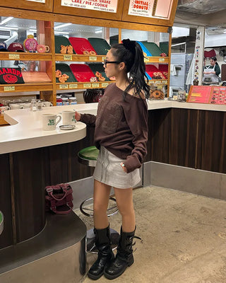 Wide-waisted ribbed sweatshirt mini skirt