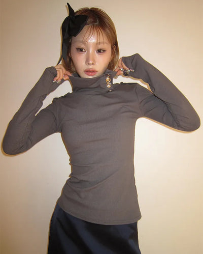 Button stand neck ribbed slim long T-shirt