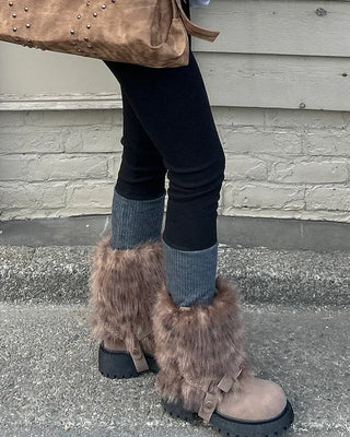 Harness-attached pattern fur suede short boots