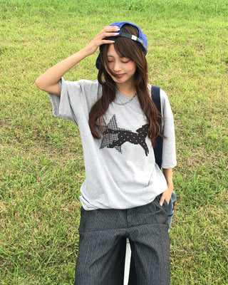 (Unisex) Check Star Dot Horse Patch Half T-Shirt