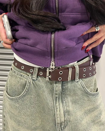 Double eyelet square buckle leather belt