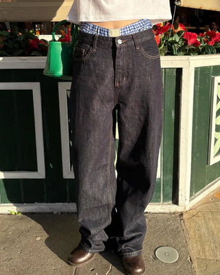 Back patch rigid wide denim pants