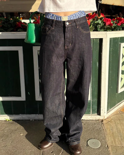 Back patch rigid wide denim pants