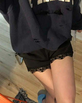 Flower Lace Hem Satin Easy Shorts