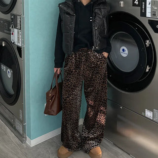 Leopard velvet elastic waist pants
