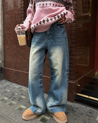 Unique whiskered wash low-rise denim pants