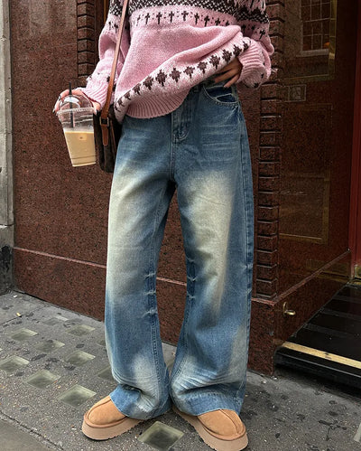 Unique whiskered wash low-rise denim pants