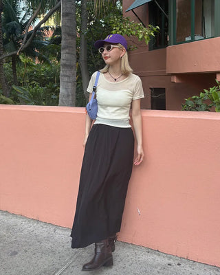 Elastic waist yoke line flared maxi skirt