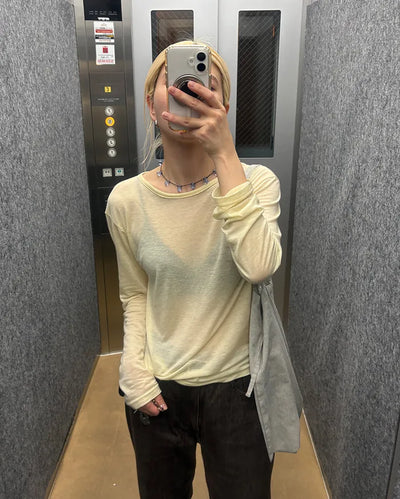 Wool sheer slit long-sleeved T-shirt