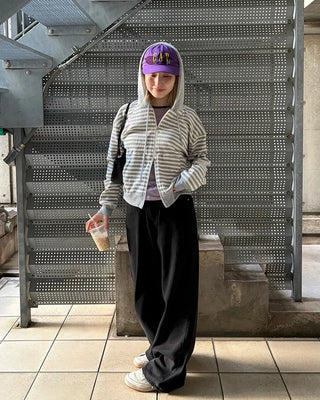 Striped semi-cropped double-zip waffle hoodie