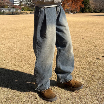 Pleated wide-leg denim pants