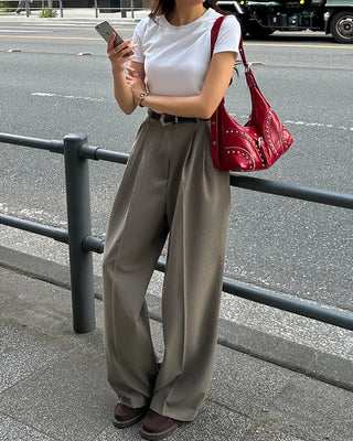 Pinstripe center-pleated wide-leg slacks