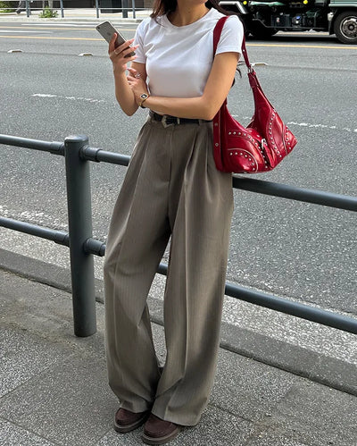 Pinstripe center-pleated wide-leg slacks