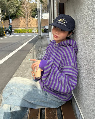(Unisex) Striped Double Zip Waffle Knit Kangaroo Hoodie