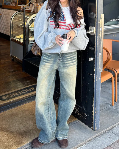 Vintage Whisker Washed Straight Denim Pants