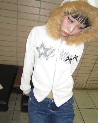 Ribbon Shooting Star Double Zip Fur Hoodie