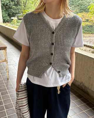 V-neck ribbed knit button vest
