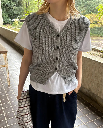 V-neck ribbed knit button vest