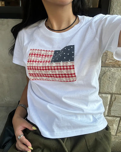 Gingham Lace American Semi-Cropped Half T-Shirt