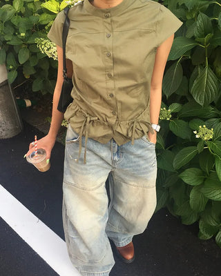 Cap-sleeve drawstring pocket button blouse