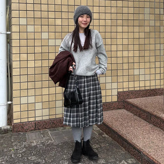 Wool check midi skirt