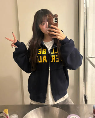 (Unisex) Lettering Double Zip Fleece-Lined Hoodie