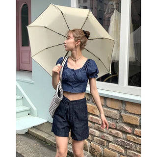 Denim puff blouse