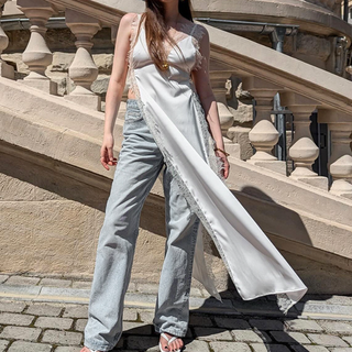 V neck high slit lace hem cami maxi dress