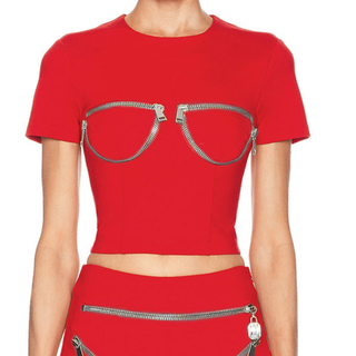 Short sleeve crewneck zip-up top