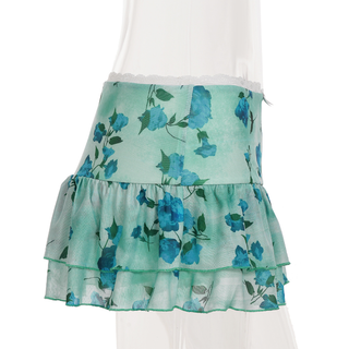 Flower print lace hem bowknot ruffle mini skirt