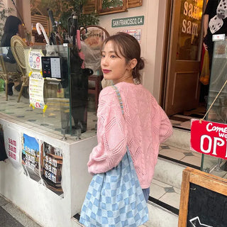 Checked denim chain bag