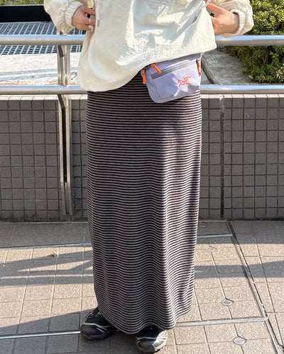 Wide-waist slim striped maxi skirt