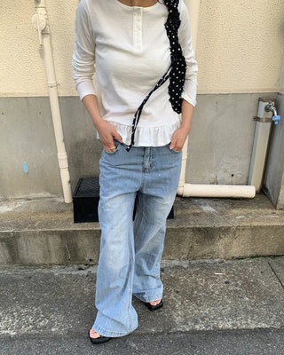 Henley neck frill long-sleeved T-shirt