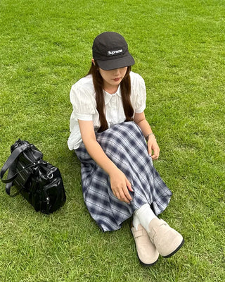 Checked elastic waist string long skirt