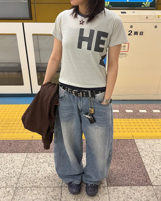 Washed balloon denim pants